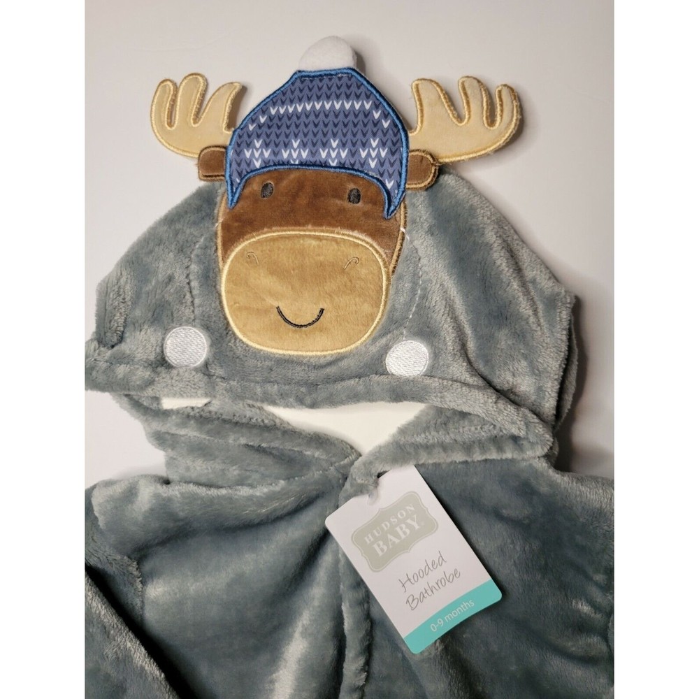 Hudson Soft Plush Baby Bathrobe, Winter Moose Gray Size 0-9 Months